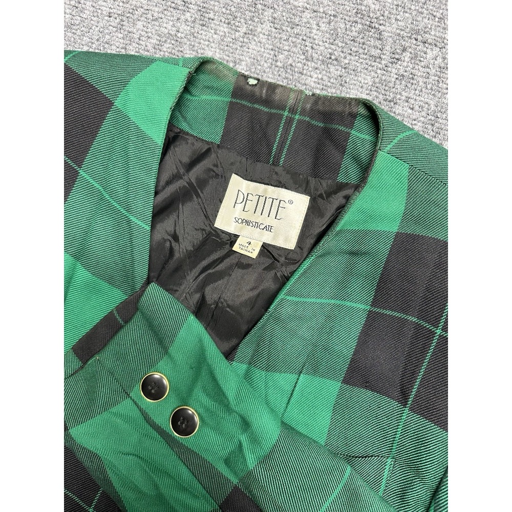 Petite Sophisticate Vintage Blazer Sz4 Green Black Plaid Double Breasted 80s 90s